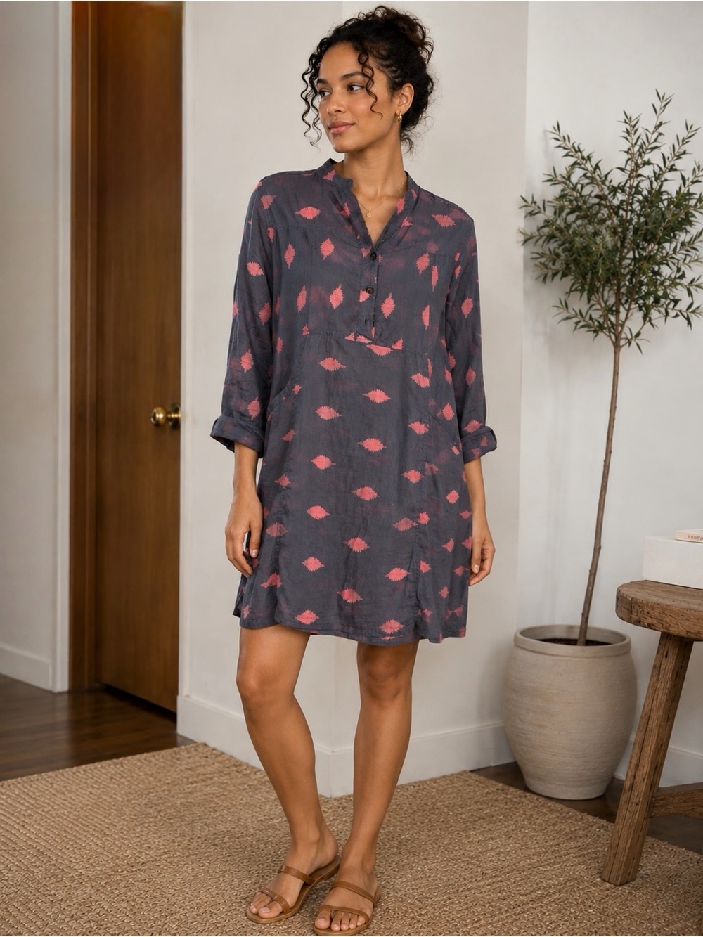 Women’s 100% Cotton Printed Tunic Dress Charcoal Pink Size Large